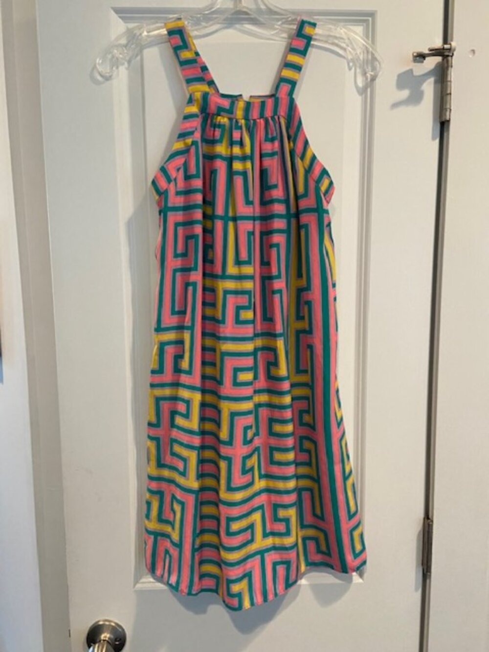 Alice & Trixie Pink Yellow Teal Geometric Print 100% Silk Dress is size XS